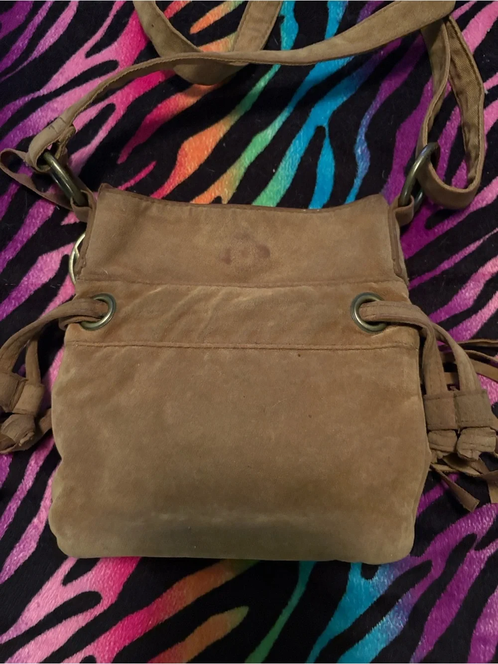 Roxy Brown Suede Fringe Shoulder Bag with Logo Charm